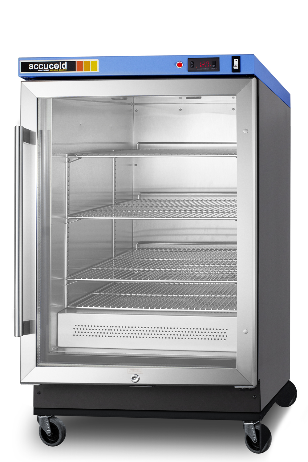 Single chamber passive heating blanket warmer with glass door, stainless steel interior and exterior, digital thermostat, and lock